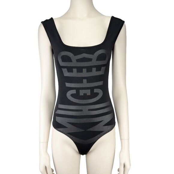 MUGLER Designer Bodysuit Logo Monogram Black Silver Luxury sz XS (?) - Picture 1 of 6